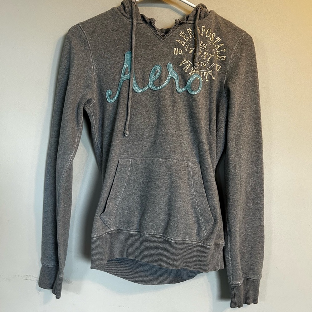 Dark grey aeropostale tight fitting hoodie.
